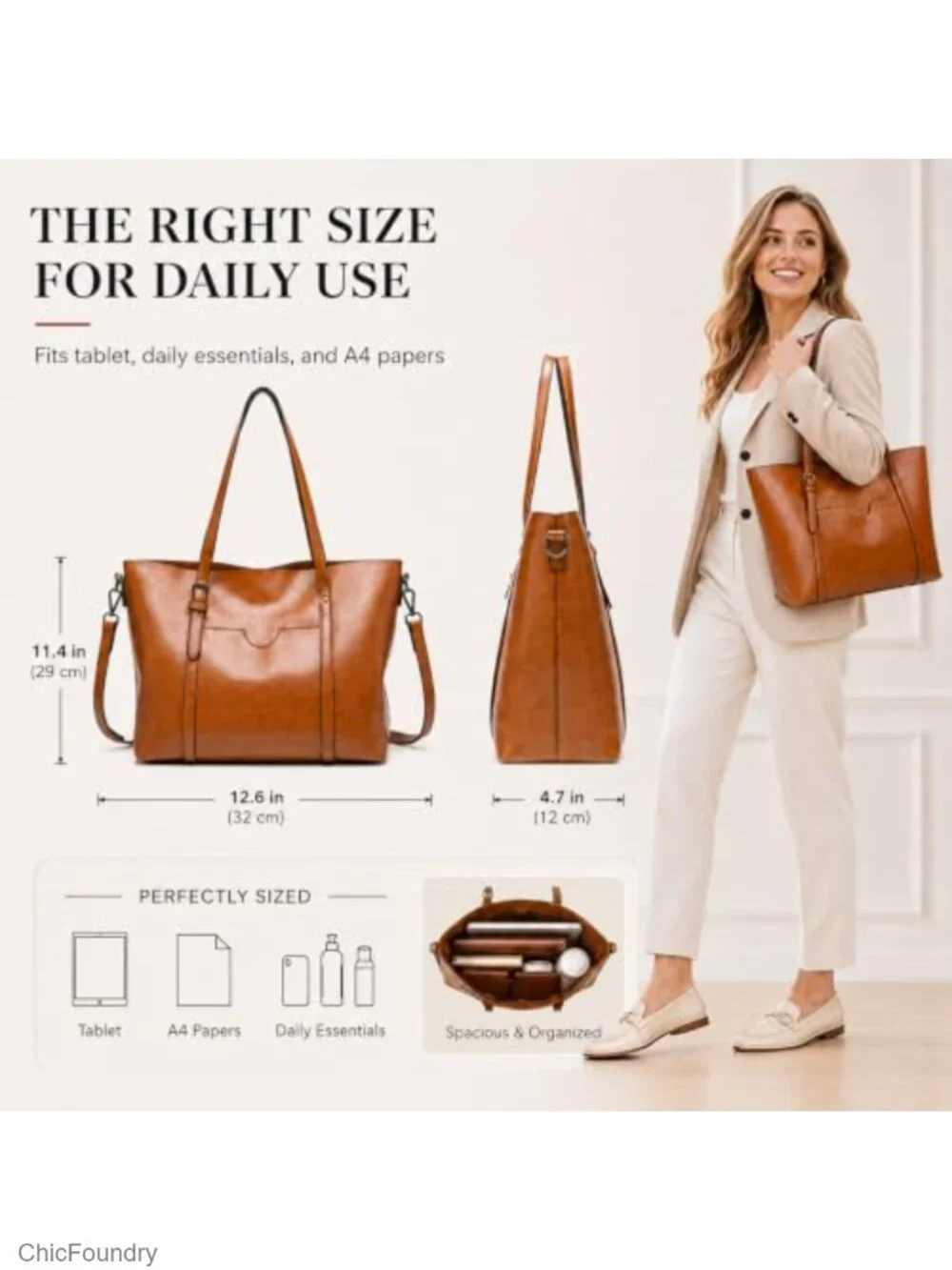 Faux Leather Tote Bag Women Large Zipper Shoulder Purse Work Satchel